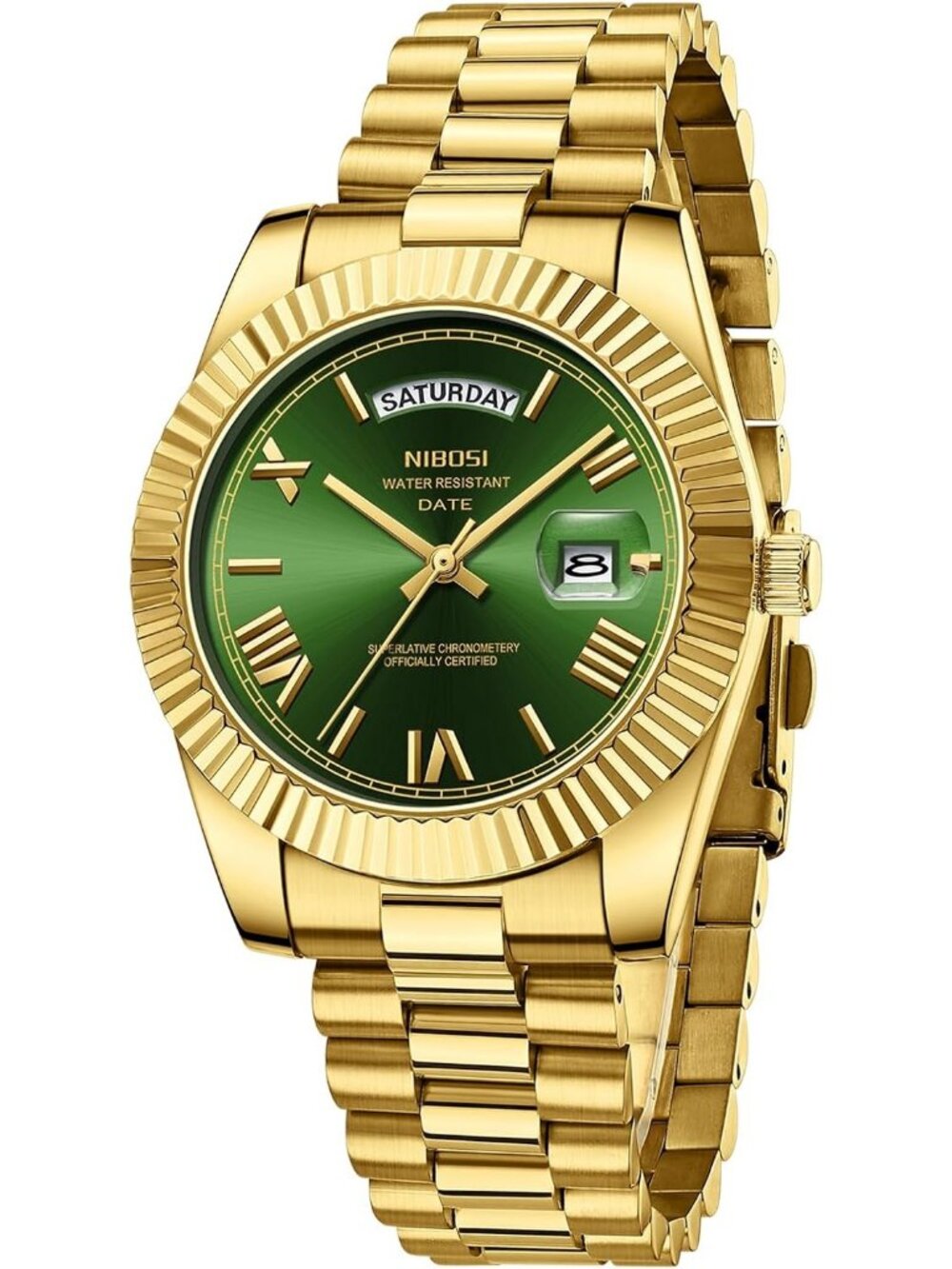 Nibosi Men's Gold Green Analog Quartz Stainless Waterproof Desiger Wrist Watch